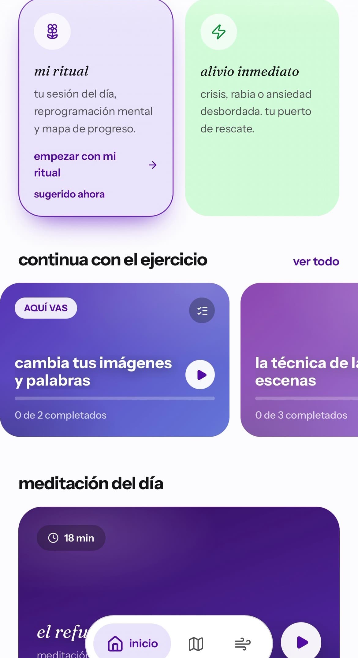 pantalla de tu camino en rinata con las tarjetas de progreso y la meditación del día