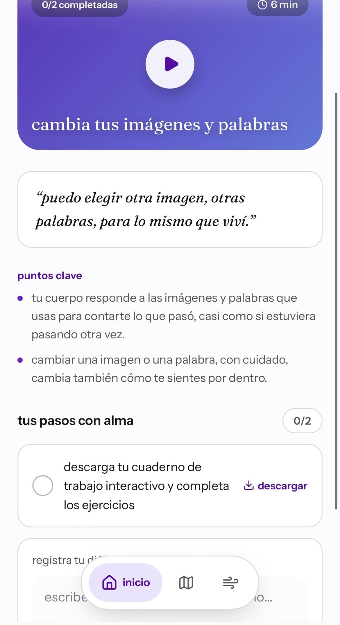 pantalla de la sesión cambia tus imágenes y palabras, con la frase guía y los pasos con alma