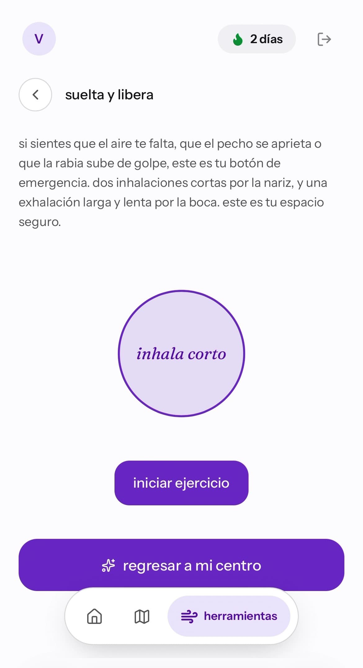 ejercicio de respiración suelta y libera, con el círculo animado inhala corto